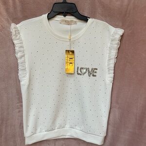 Love LC Lizette Collection White Ruffle Blouse Rhinestones Valentines Top
